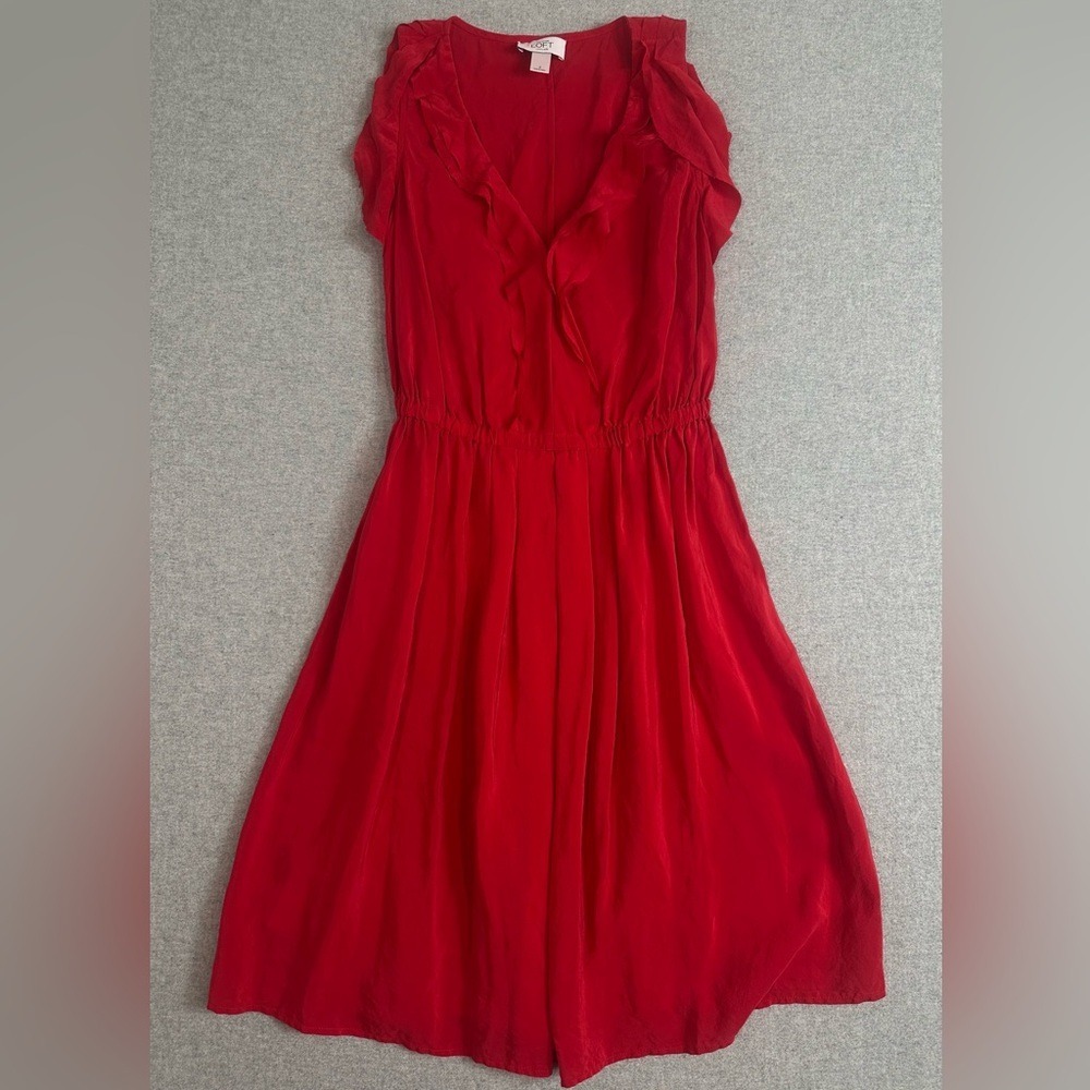 Loft 100% Silk Dress Sleeveless Size 2 Red Ruffle Romantic Fairy Chic